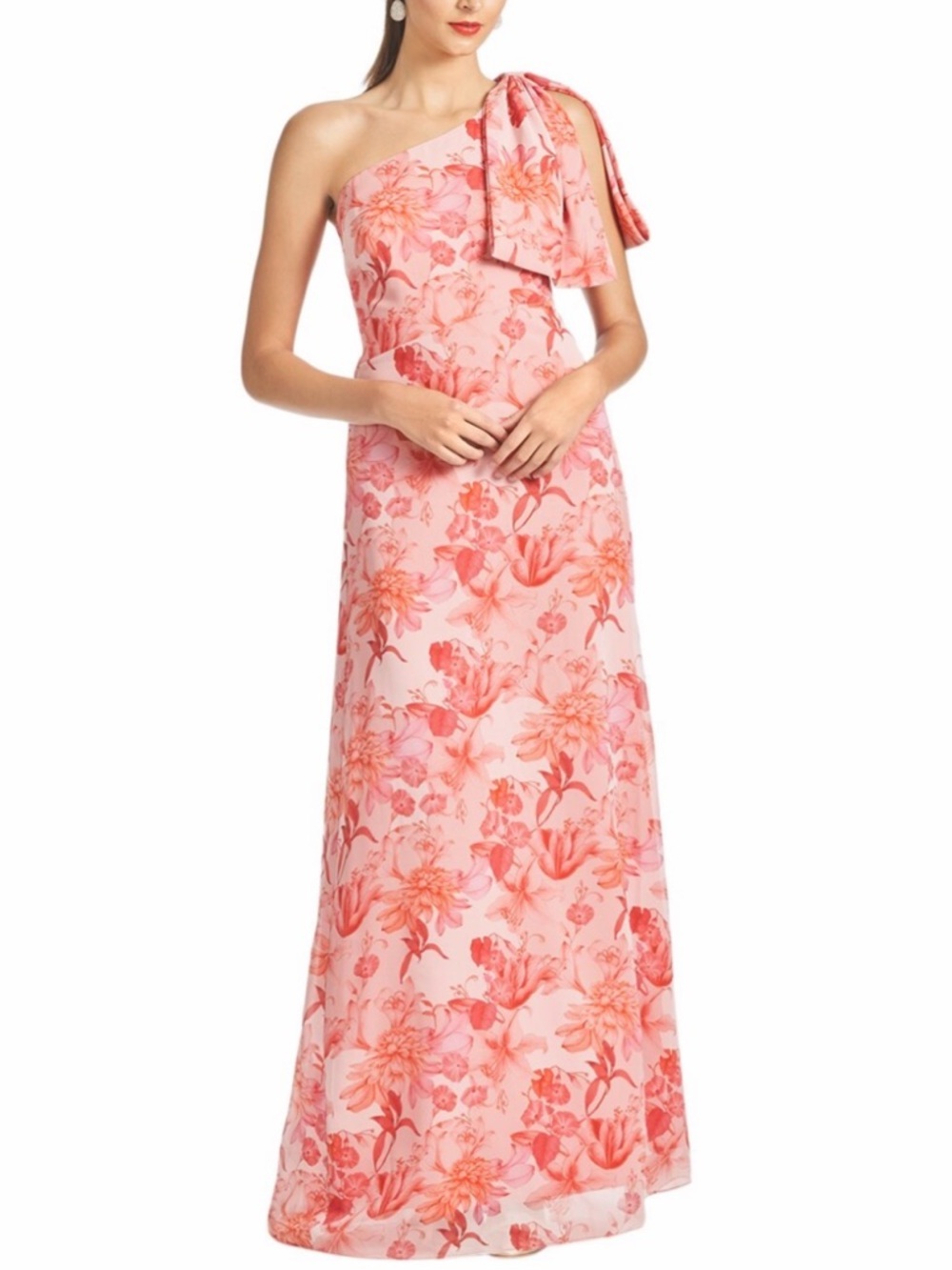 NWT SACHIN + BABI Coral Floral Sleeveless One Shoulder Bow Dress Gown Size 10